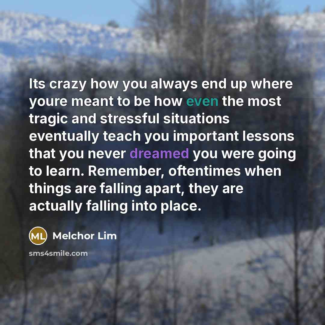 “Its crazy how you always end up where youre meant to be how even the most tragic and stressful situations eventually teach you important lessons that you never dreamed you were going to learn. Remember, oftentimes when things are falling apart, they are actually falling into place.” quote by Melchor Lim