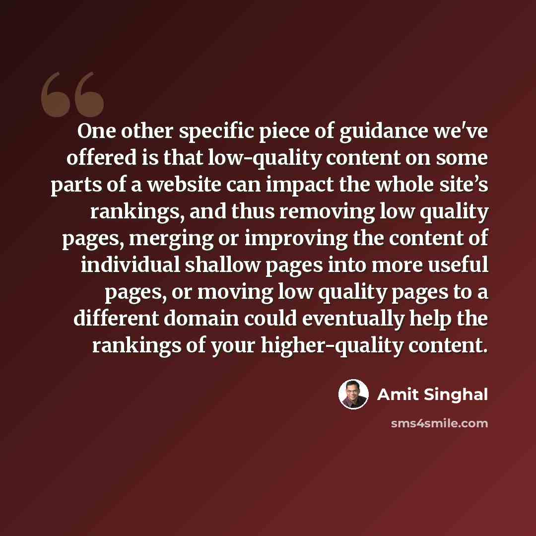 “One other specific piece of guidance we've offered is that low-quality content on some parts of a website can impact the whole site’s rankings, and thus removing low quality pages, merging or improving the content of individual shallow pages into more useful pages, or moving low quality pages to a…” quote by Amit Singhal