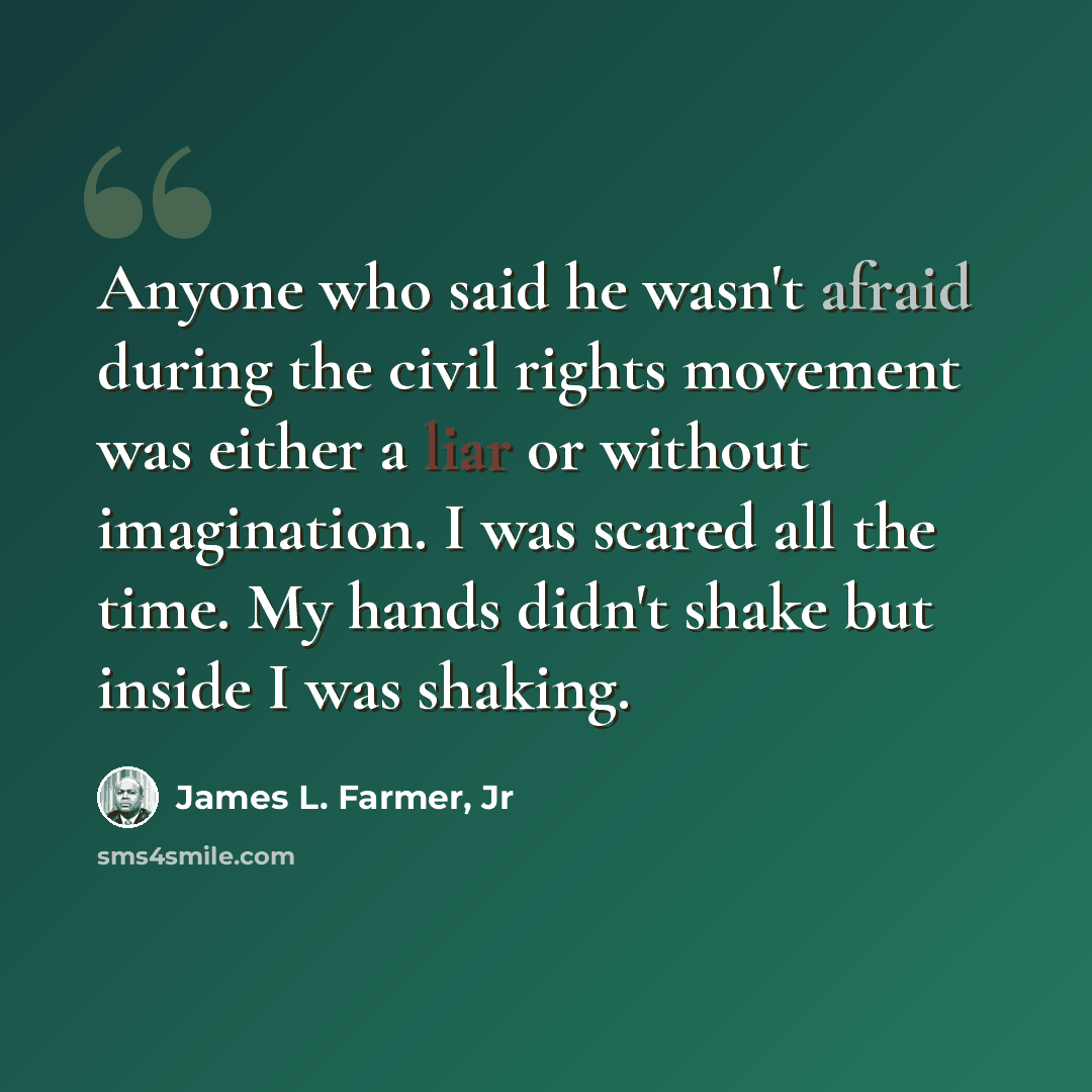 “Anyone who said he wasn't afraid during the civil rights movement was either a liar or without imagination. I was scared all the time. My hands didn't shake but inside I was shaking.” quote by James L. Farmer, Jr