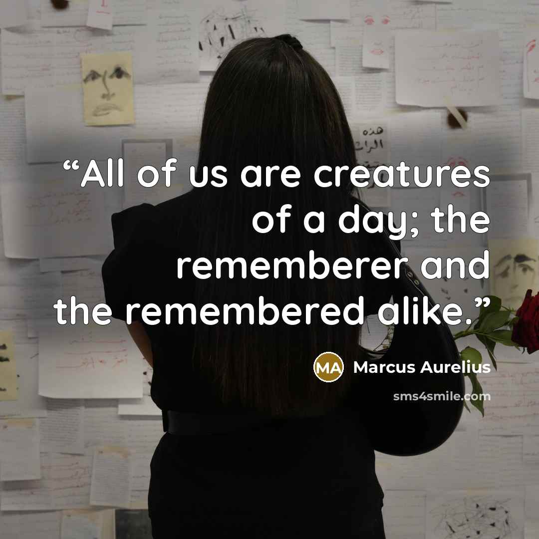 “All of us are creatures of a day; the rememberer and the remembered alike.” quote by Marcus Aurelius