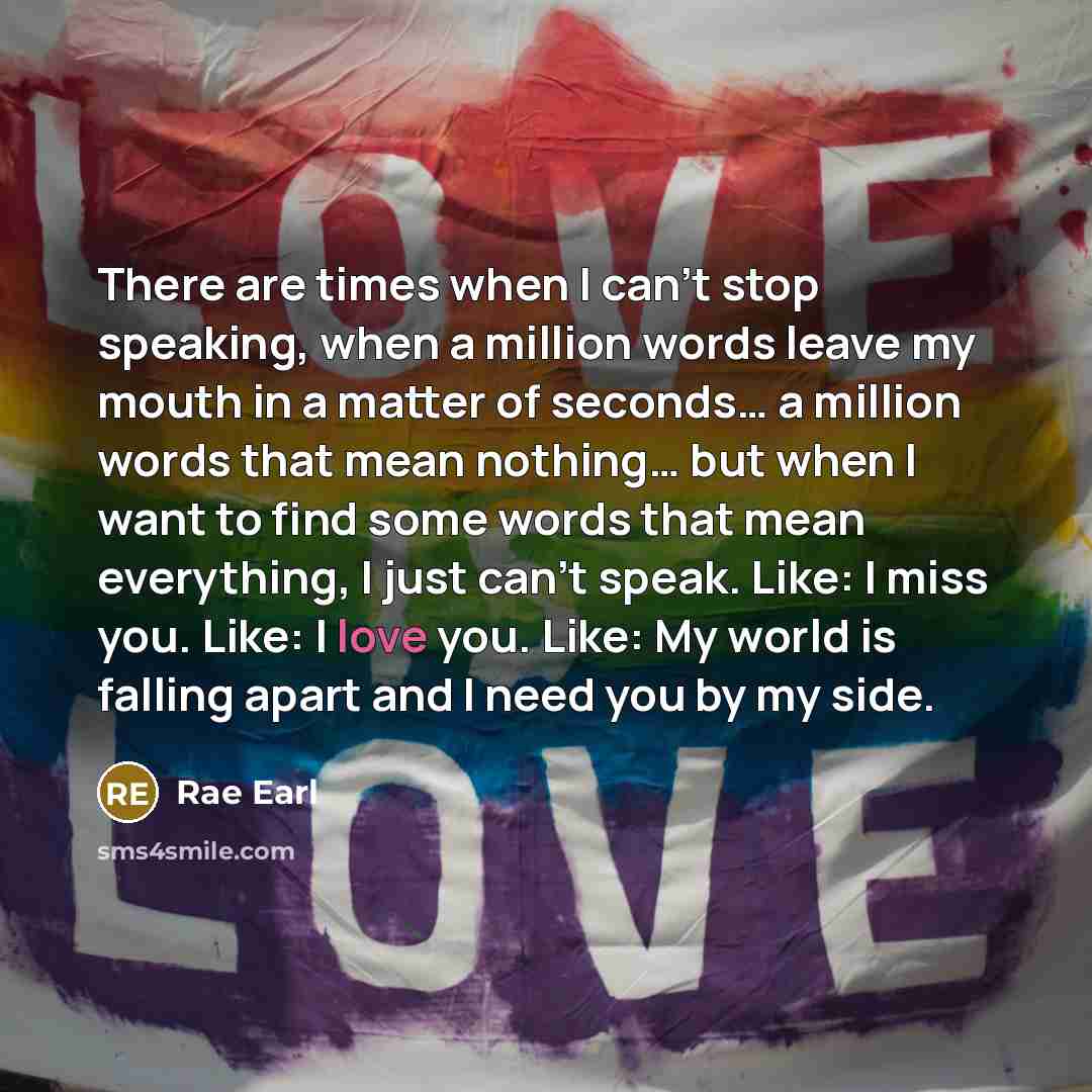 “There are times when I can't stop speaking, when a million words leave my mouth in a matter of seconds… a million words that mean nothing… but when I want to find some words that mean everything, I just can't speak. Like: I miss you. Like: I love you. Like: My world is falling apart and I need you…” quote by Rae Earl
