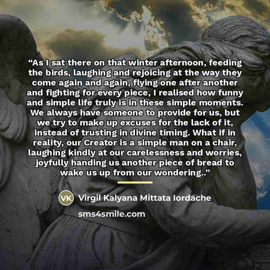 “As I sat there on that winter afternoon, feeding the birds, laughing and rejoicing at the way they come again and again, flying one after another and fighting for every piece, I realised how funny and simple life truly is in these simple moments. We always have someone to provide for us, but we…” quote by Virgil Kalyana Mittata Iordache