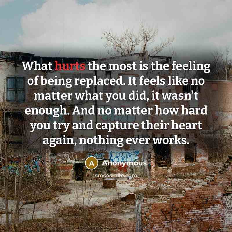 “What hurts the most is the feeling of being replaced. It feels like no matter what you did, it wasn't enough. And no matter how hard you try and capture their heart again, nothing ever works.” quote by Anonymous