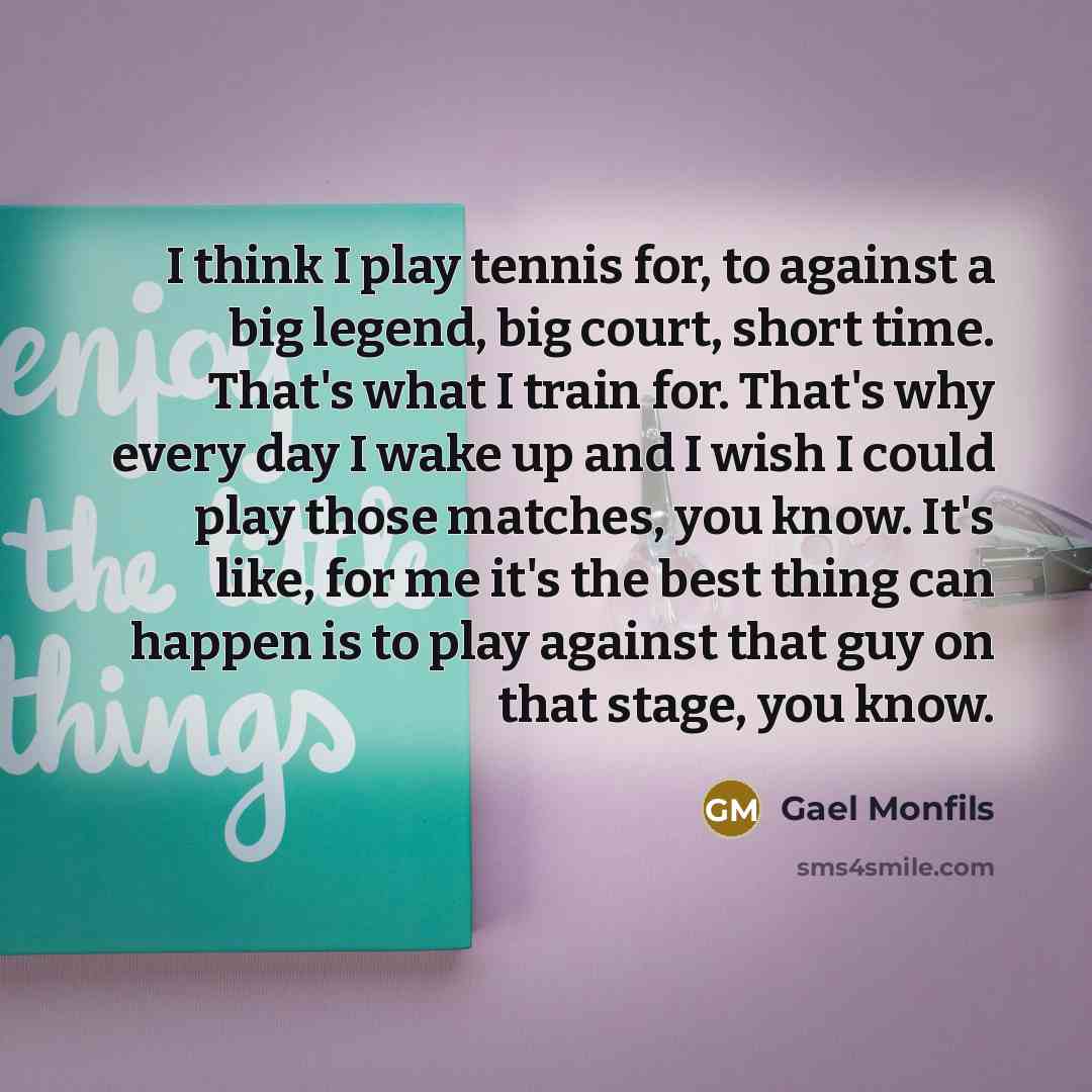 “I think I play tennis for, to against a big legend, big court, short time. That's what I train for. That's why every day I wake up and I wish I could play those matches, you know. It's like, for me it's the best thing can happen is to play against that guy on that stage, you know.” quote by Gael Monfils