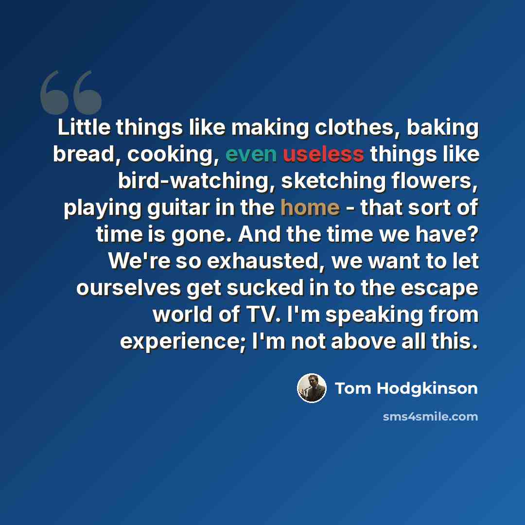 “Little things like making clothes, baking bread, cooking, even useless things like bird-watching, sketching flowers, playing guitar in the home - that sort of time is gone. And the time we have? We're so exhausted, we want to let ourselves get sucked in to the escape world of TV. I'm speaking from…” quote by Tom Hodgkinson