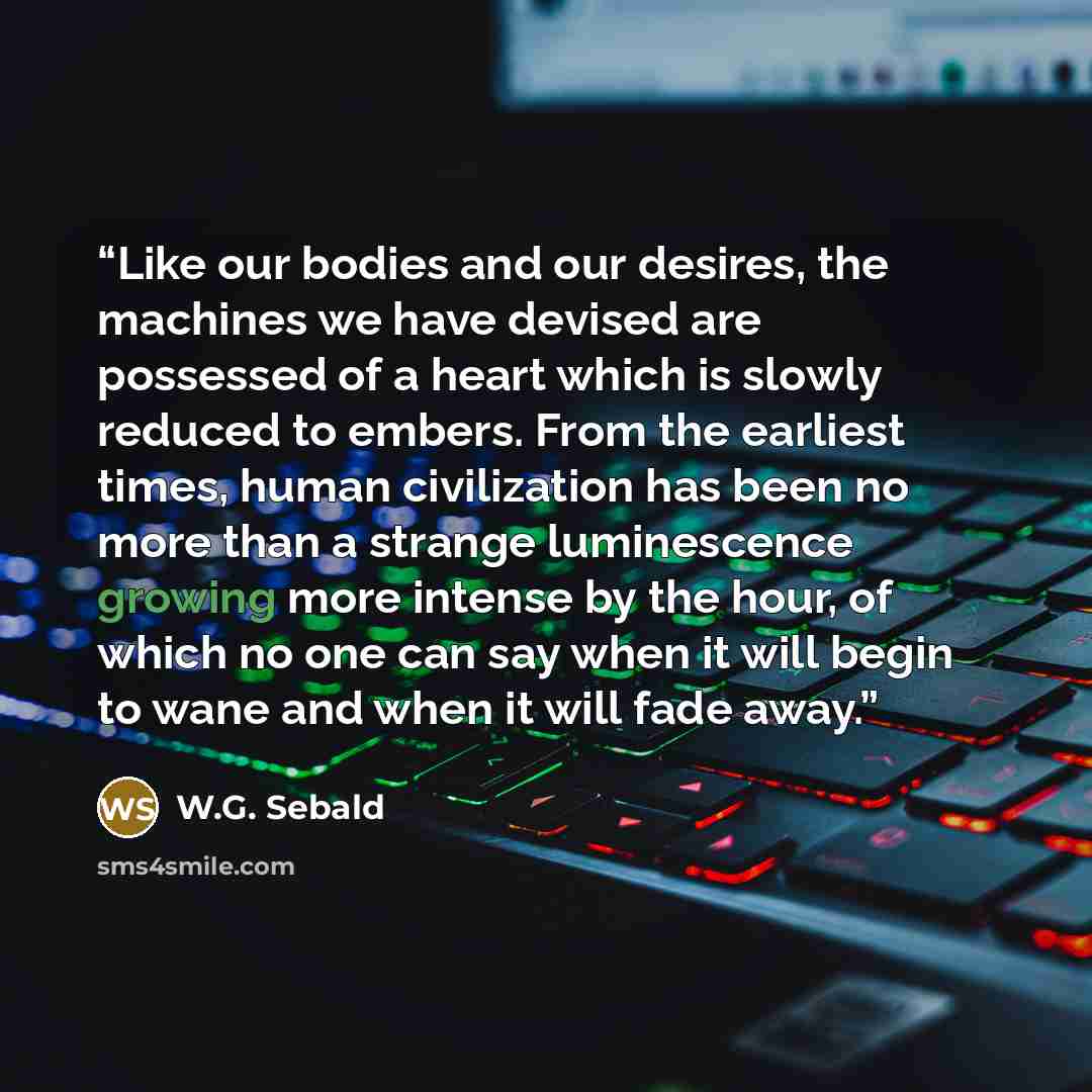 “Like our bodies and our desires, the machines we have devised are possessed of a heart which is slowly reduced to embers. From the earliest times, human civilization has been no more than a strange luminescence growing more intense by the hour, of which no one can say when it will begin to wane…” quote by W.G. Sebald