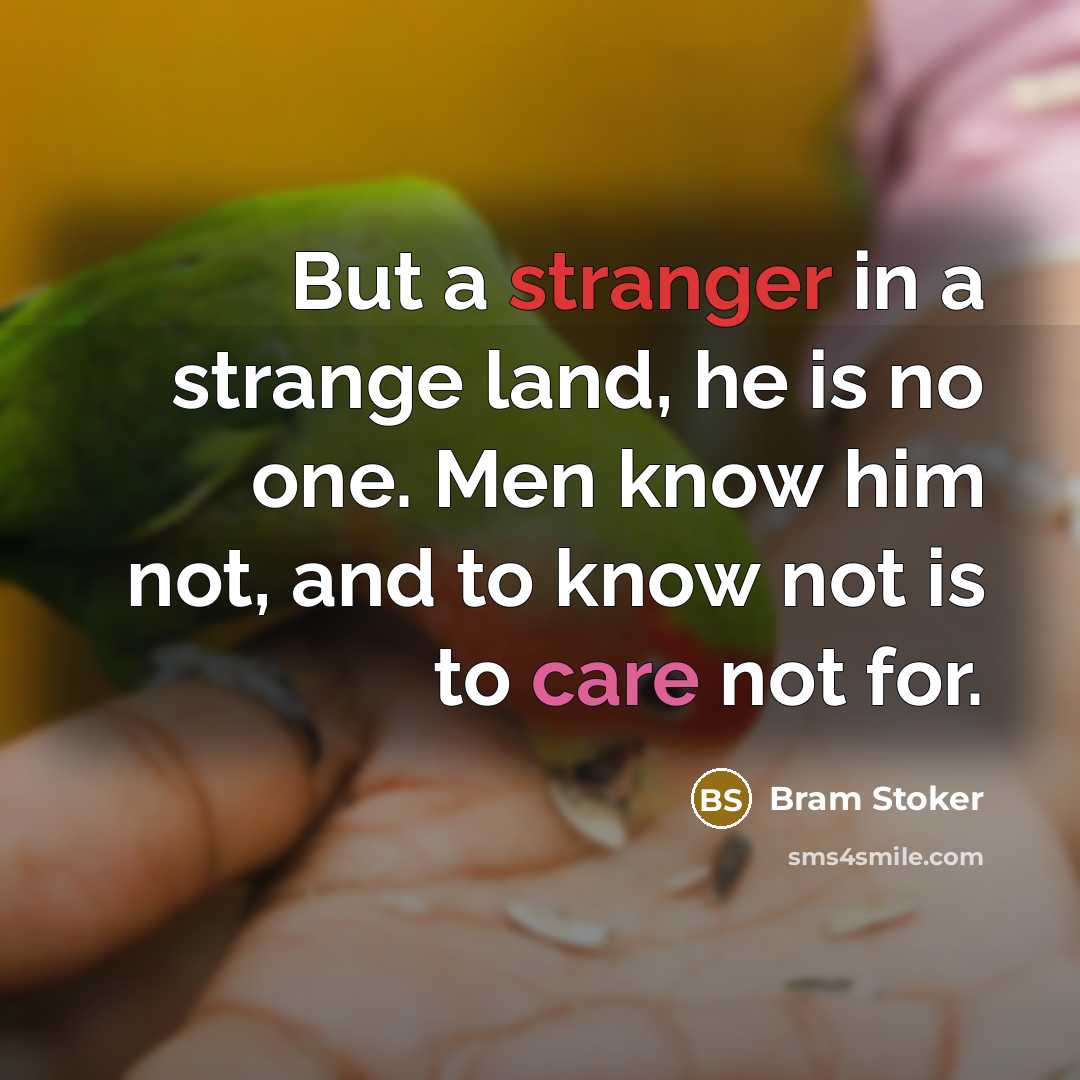 “But a stranger in a strange land, he is no one. Men know him not, and to know not is to care not for.” quote by Bram Stoker