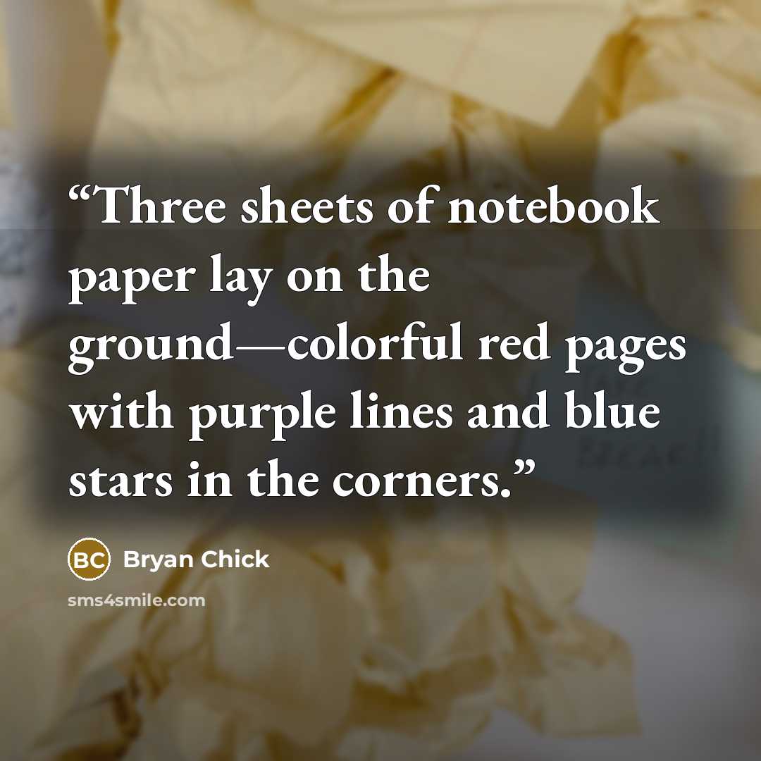 “Three sheets of notebook paper lay on the ground—colorful red pages with purple lines and blue stars in the corners.” quote by Bryan Chick