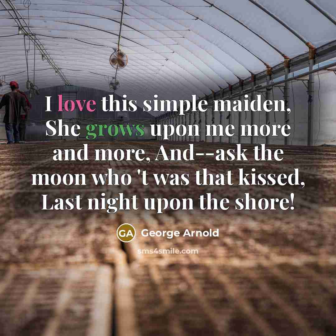 “I love this simple maiden, She grows upon me more and more, And--ask the moon who 't was that kissed, Last night upon the shore!” quote by George Arnold