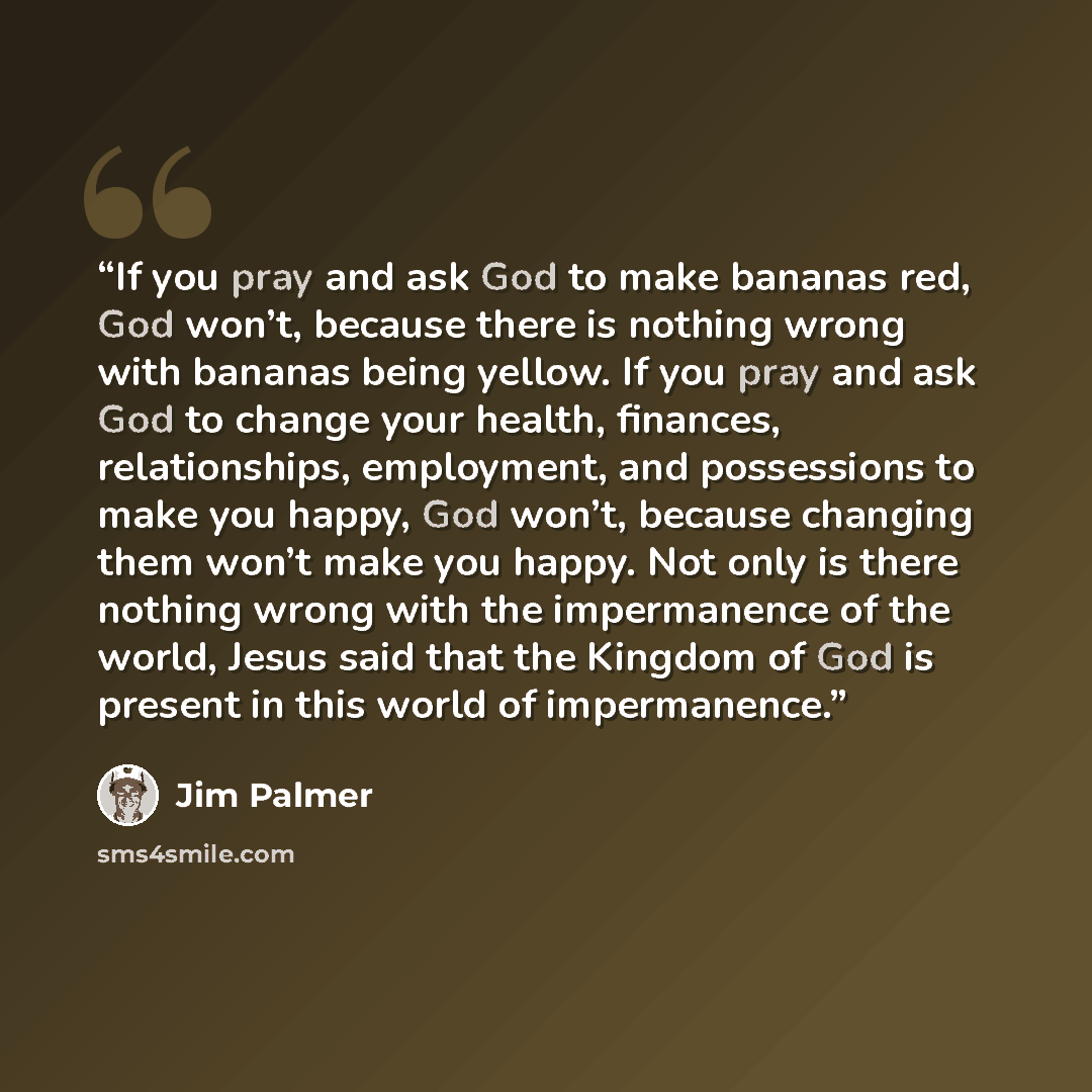 “If you pray and ask God to make bananas red, God won’t, because there is nothing wrong with bananas being yellow. If you pray and ask God to change your health, finances, relationships, employment, and possessions to make you happy, God won’t, because changing them won’t make you happy. Not only…” quote by Jim Palmer