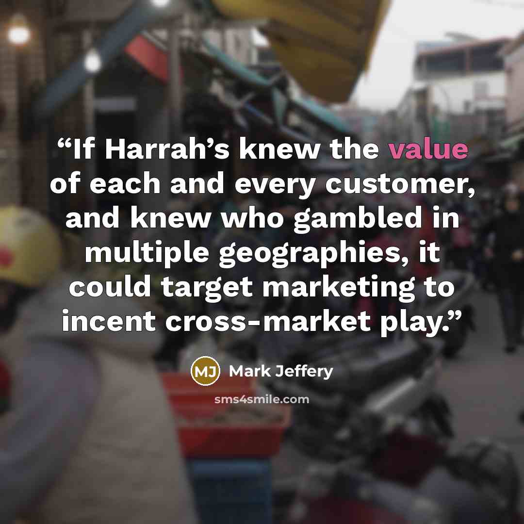 “If Harrah’s knew the value of each and every customer, and knew who gambled in multiple geographies, it could target marketing to incent cross-market play.” quote by Mark Jeffery