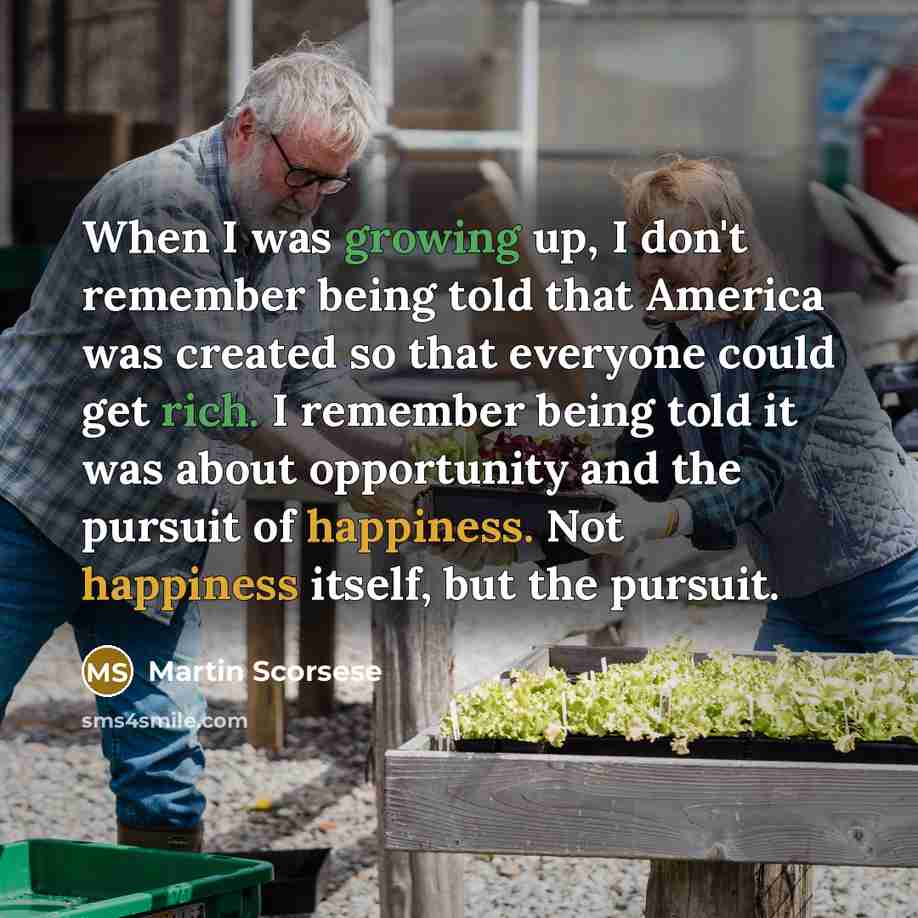 “When I was growing up, I don't remember being told that America was created so that everyone could get rich. I remember being told it was about opportunity and the pursuit of happiness. Not happiness itself, but the pursuit.” quote by Martin Scorsese