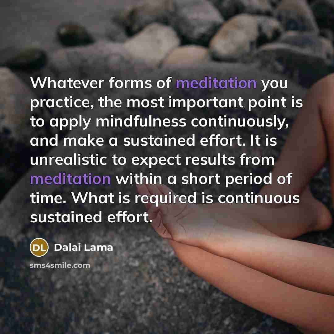 “Whatever forms of meditation you practice, the most important point is to apply mindfulness continuously, and make a sustained effort. It is unrealistic to expect results from meditation within a short period of time. What is required is continuous sustained effort.” quote by Dalai Lama