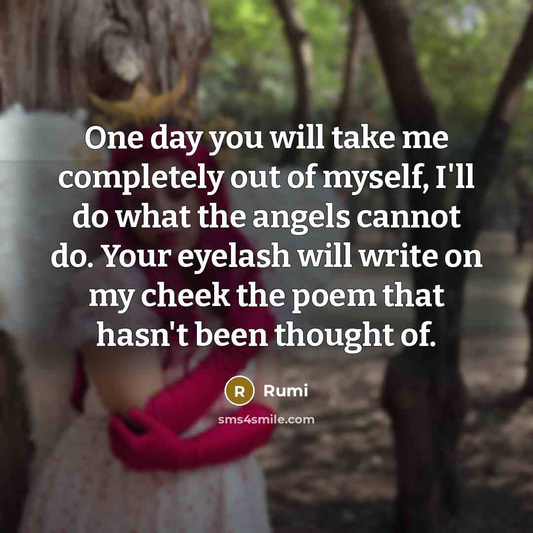 “One day you will take me completely out of myself, I'll do what the angels cannot do. Your eyelash will write on my cheek the poem that hasn't been thought of.” quote by Rumi