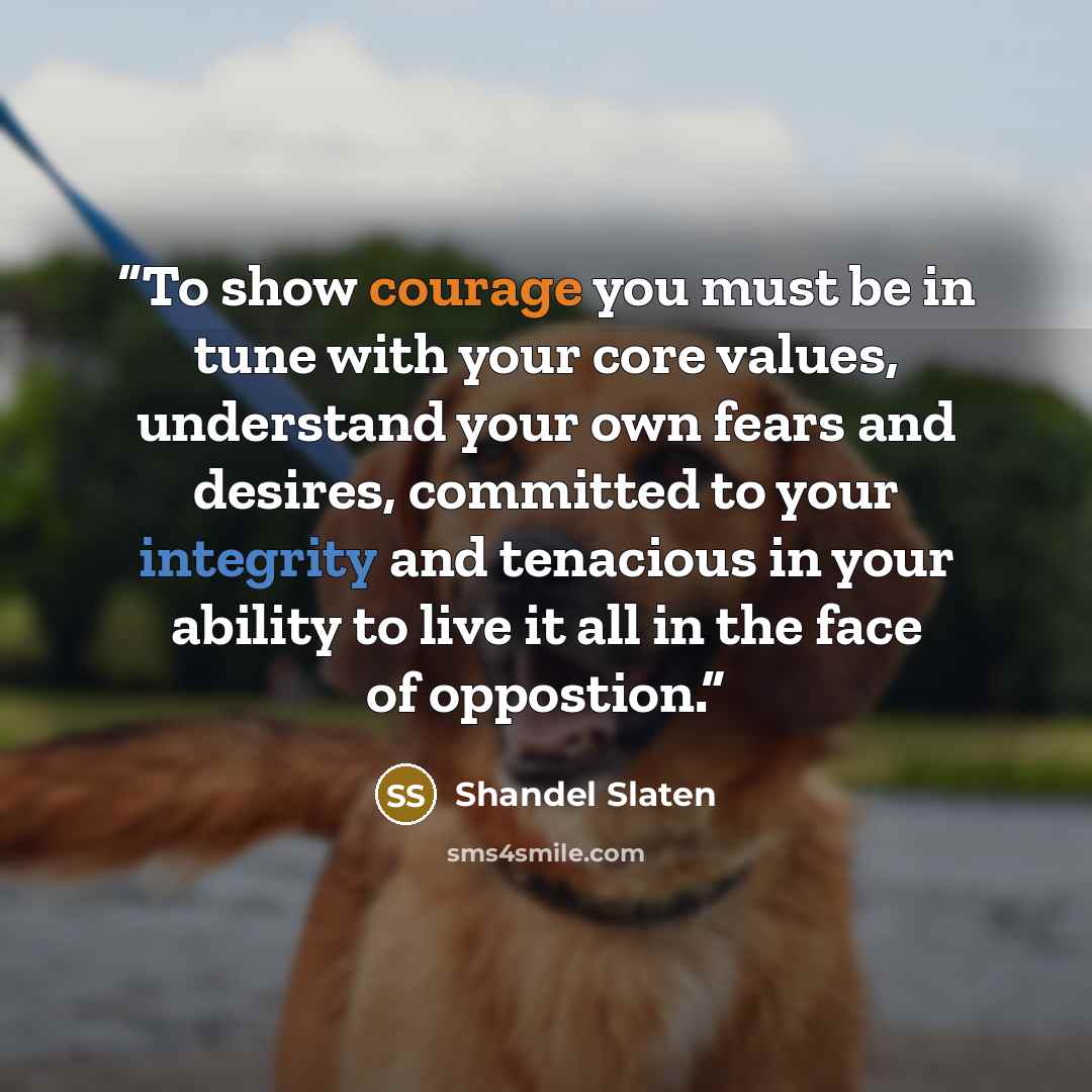 “To show courage you must be in tune with your core values, understand your own fears and desires, committed to your integrity and tenacious in your ability to live it all in the face of oppostion.” quote by Shandel Slaten