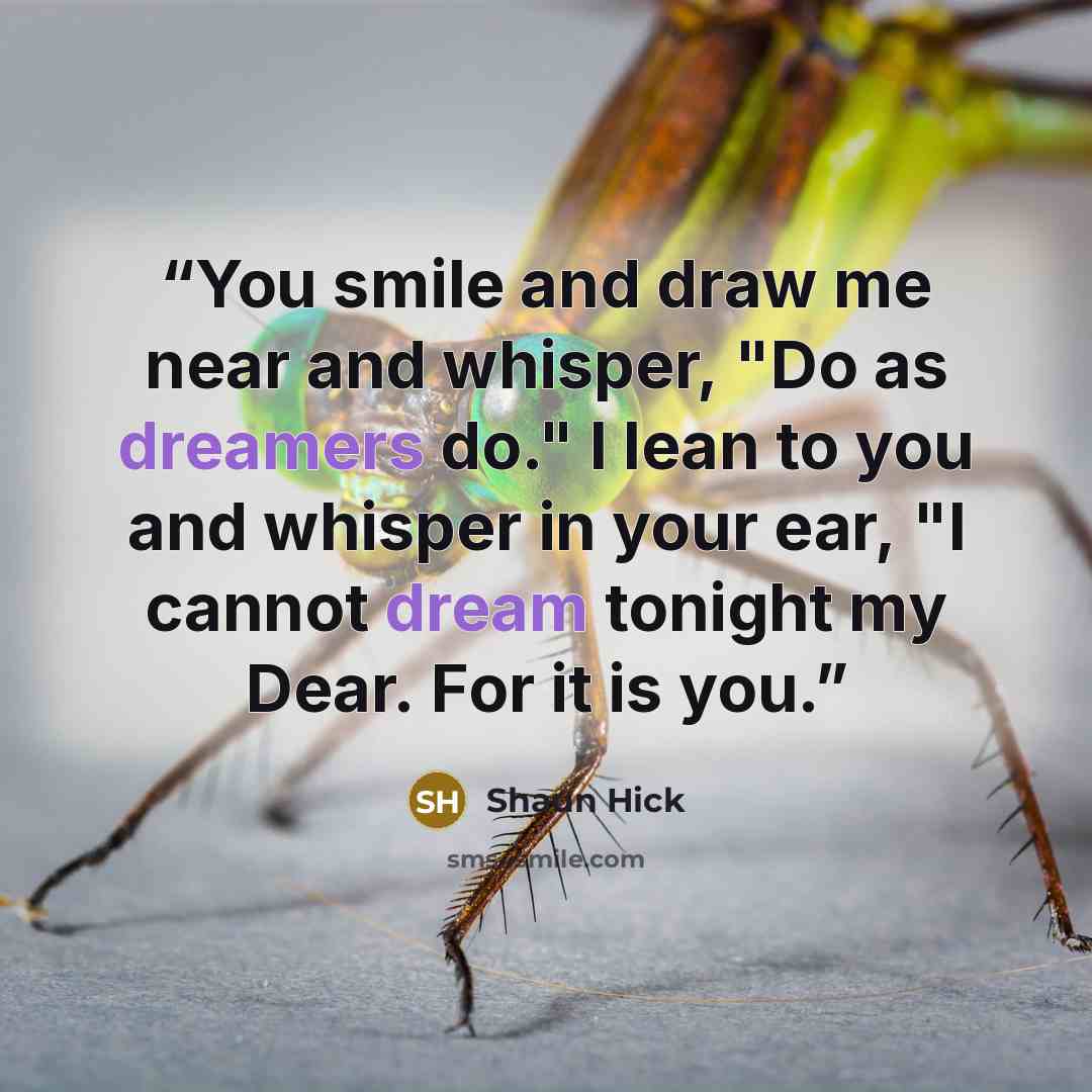 “You smile and draw me near and whisper, "Do as dreamers do." I lean to you and whisper in your ear, "I cannot dream tonight my Dear. For it is you.” quote by Shaun Hick