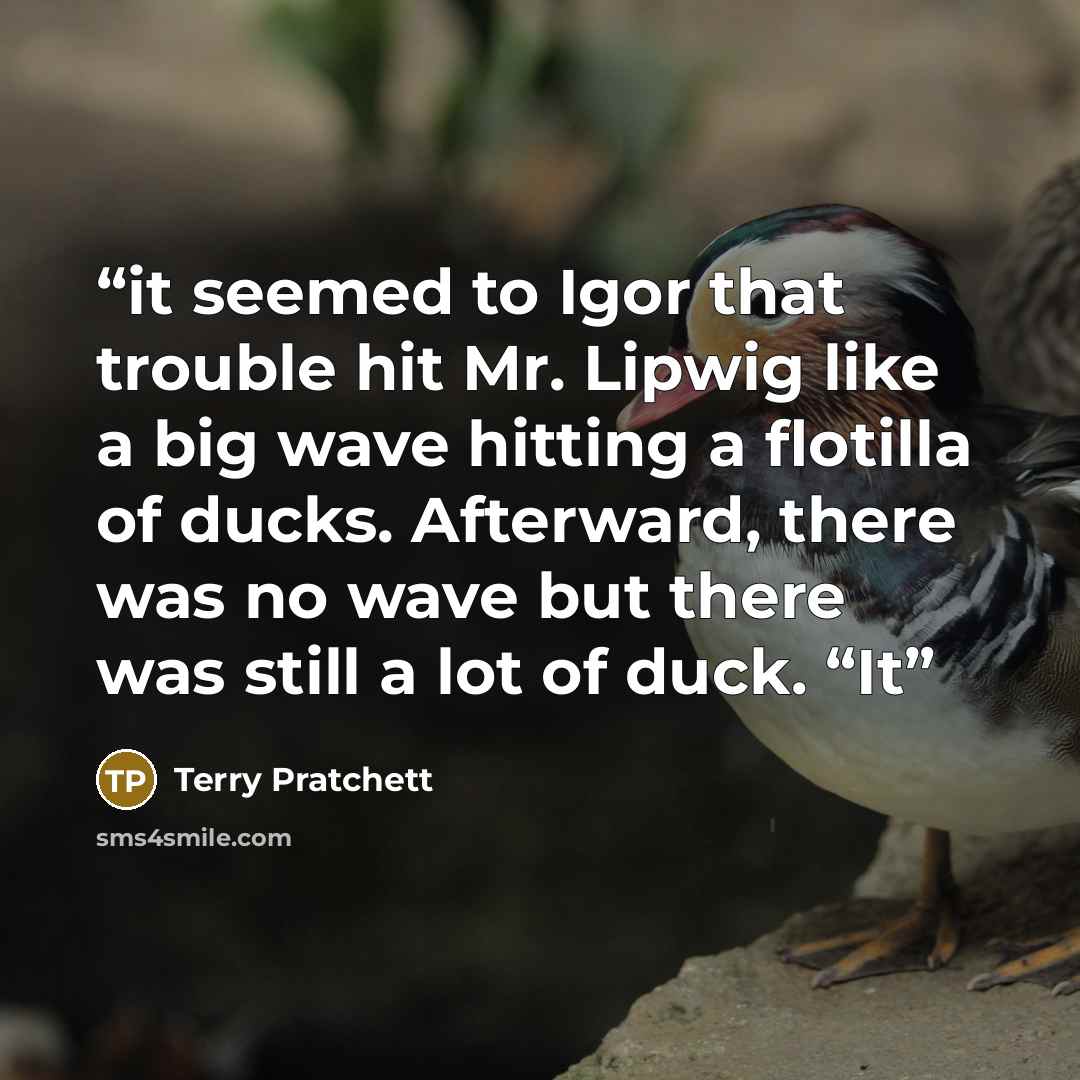 “it seemed to Igor that trouble hit Mr. Lipwig like a big wave hitting a flotilla of ducks. Afterward, there was no wave but there was still a lot of duck. “It” quote by Terry Pratchett