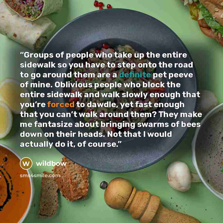 “Groups of people who take up the entire sidewalk so you have to step onto the road to go around them are a definite pet peeve of mine. Oblivious people who block the entire sidewalk and walk slowly enough that you’re forced to dawdle, yet fast enough that you can’t walk around them? They make me…” quote by wildbow