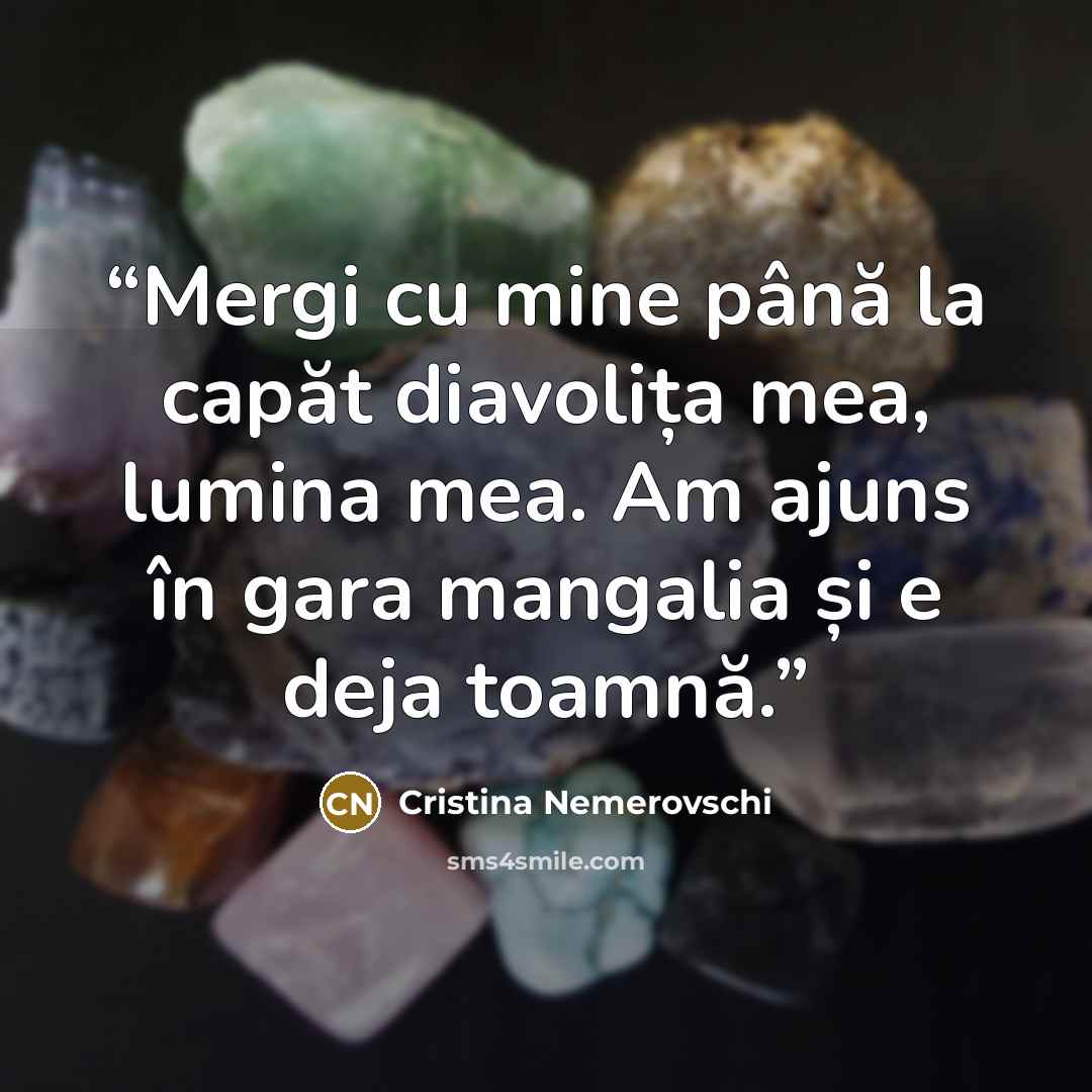 “Mergi cu mine până la capăt diavolița mea, lumina mea. Am ajuns în gara mangalia și e deja toamnă.” quote by Cristina Nemerovschi