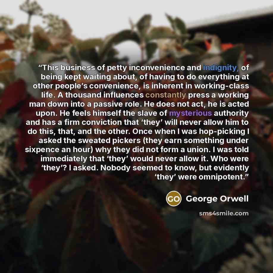 “This business of petty inconvenience and indignity, of being kept waiting about, of having to do everything at other people’s convenience, is inherent in working-class life. A thousand influences constantly press a working man down into a passive role. He does not act, he is acted upon. He feels…” quote by George Orwell