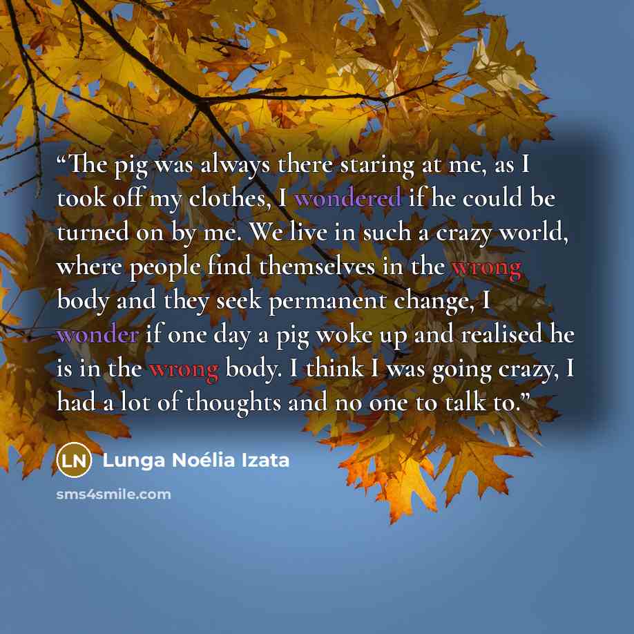 “The pig was always there staring at me, as I took off my clothes, I wondered if he could be turned on by me. We live in such a crazy world, where people find themselves in the wrong body and they seek permanent change, I wonder if one day a pig woke up and realised he is in the wrong body. I think…” quote by Lunga Noélia Izata