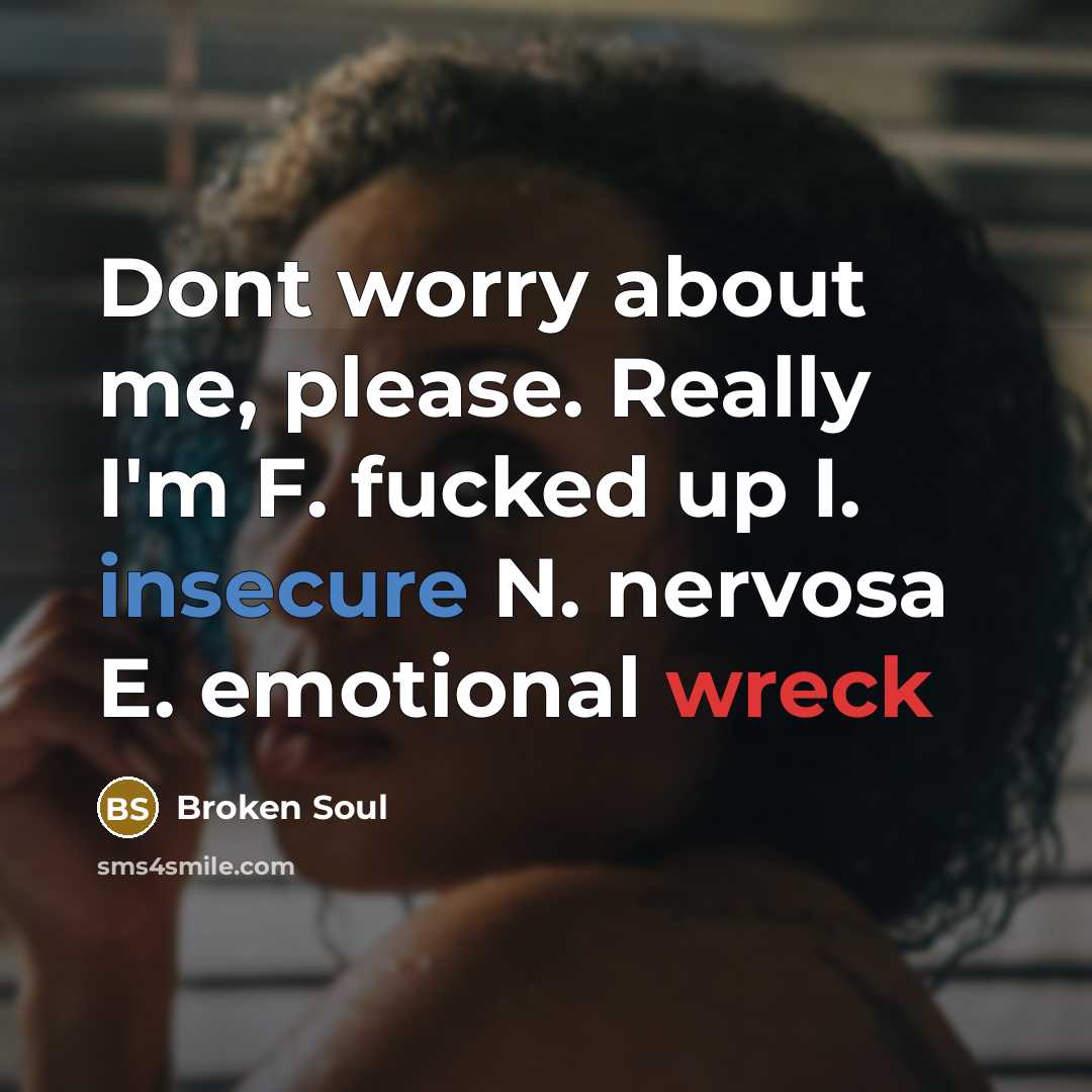 “Dont worry about me, please. Really I'm F. fucked up I. insecure N. nervosa E. emotional wreck” quote by Broken Soul