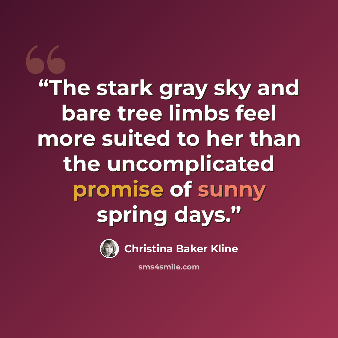 “The stark gray sky and bare tree limbs feel more suited to her than the uncomplicated promise of sunny spring days.” quote by Christina Baker Kline