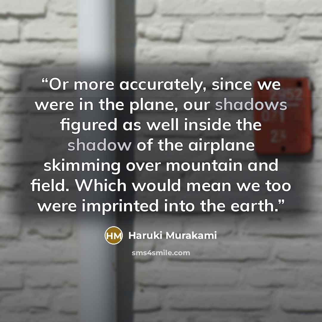 “Or more accurately, since we were in the plane, our shadows figured as well inside the shadow of the airplane skimming over mountain and field. Which would mean we too were imprinted into the earth.” quote by Haruki Murakami