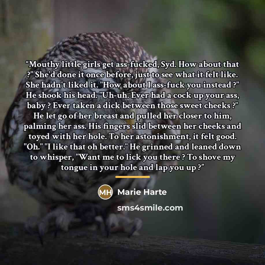 “Mouthy little girls get ass-fucked, Syd. How about that ?" She'd done it once before, just to see what it felt like. She hadn't liked it. "How about I ass-fuck you instead ?" He shook his head. "Uh-uh. Ever had a cock up your ass, baby ? Ever taken a dick between those sweet cheeks ?" He let go of…” quote by Marie Harte