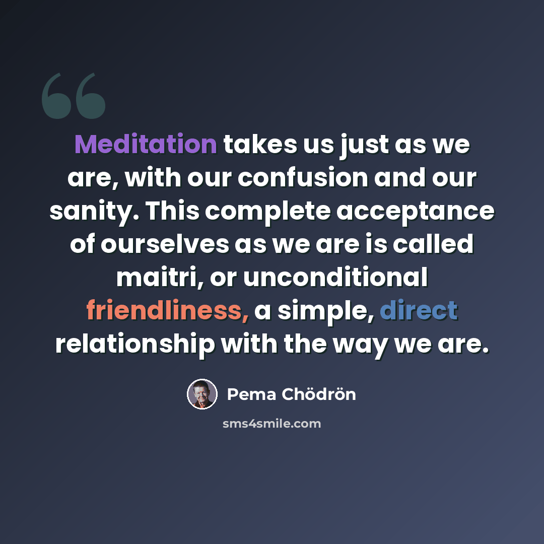 “Meditation takes us just as we are, with our confusion and our sanity. This complete acceptance of ourselves as we are is called maitri, or unconditional friendliness, a simple, direct relationship with the way we are.” quote by Pema Chodron