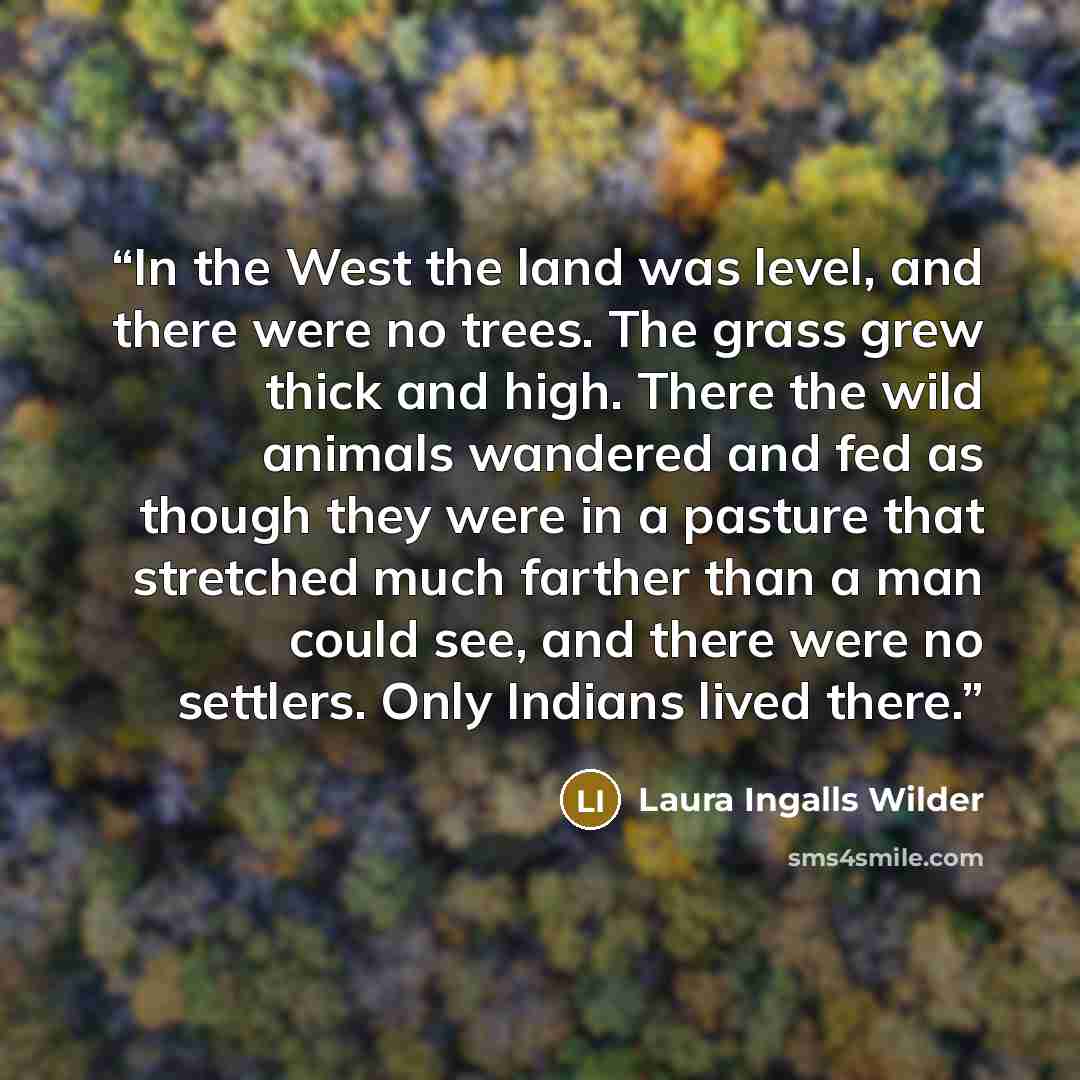 “In the West the land was level, and there were no trees. The grass grew thick and high. There the wild animals wandered and fed as though they were in a pasture that stretched much farther than a man could see, and there were no settlers. Only Indians lived there.” quote by Laura Ingalls Wilder