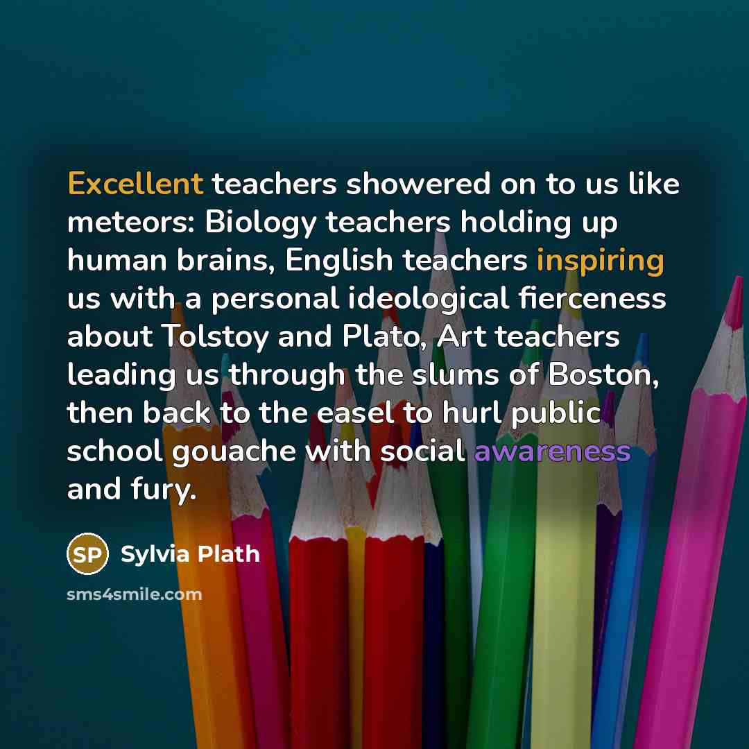 “Excellent teachers showered on to us like meteors: Biology teachers holding up human brains, English teachers inspiring us with a personal ideological fierceness about Tolstoy and Plato, Art teachers leading us through the slums of Boston, then back to the easel to hurl public school gouache with…” quote by Sylvia Plath