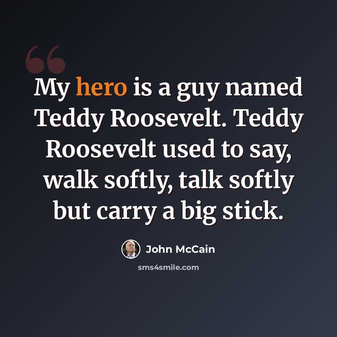 “My hero is a guy named Teddy Roosevelt. Teddy Roosevelt used to say, walk softly, talk softly but carry a big stick.” quote by John McCain