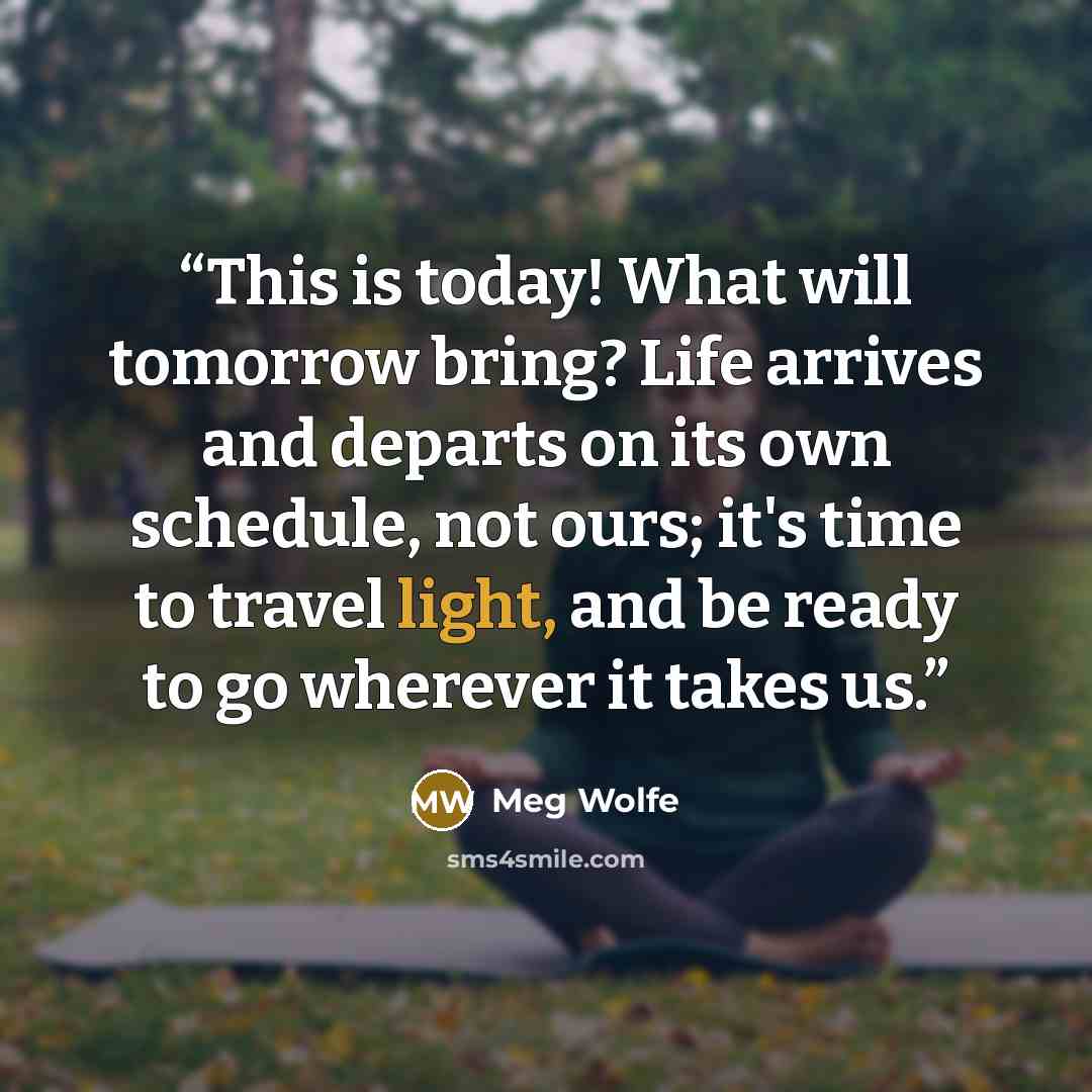 “This is today! What will tomorrow bring? Life arrives and departs on its own schedule, not ours; it's time to travel light, and be ready to go wherever it takes us.” quote by Meg Wolfe