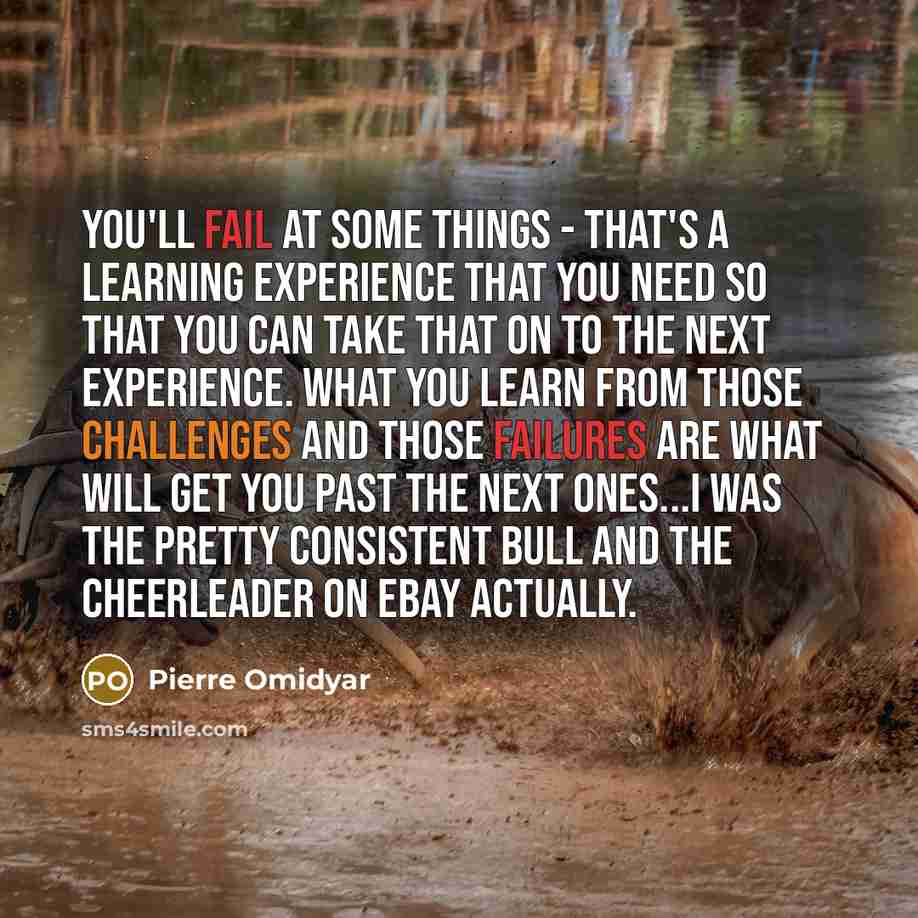 “You'll fail at some things - that's a learning experience that you need so that you can take that on to the next experience. What you learn from those challenges and those failures are what will get you past the next ones...I was the pretty consistent bull and the cheerleader on eBay actually.” quote by Pierre Omidyar