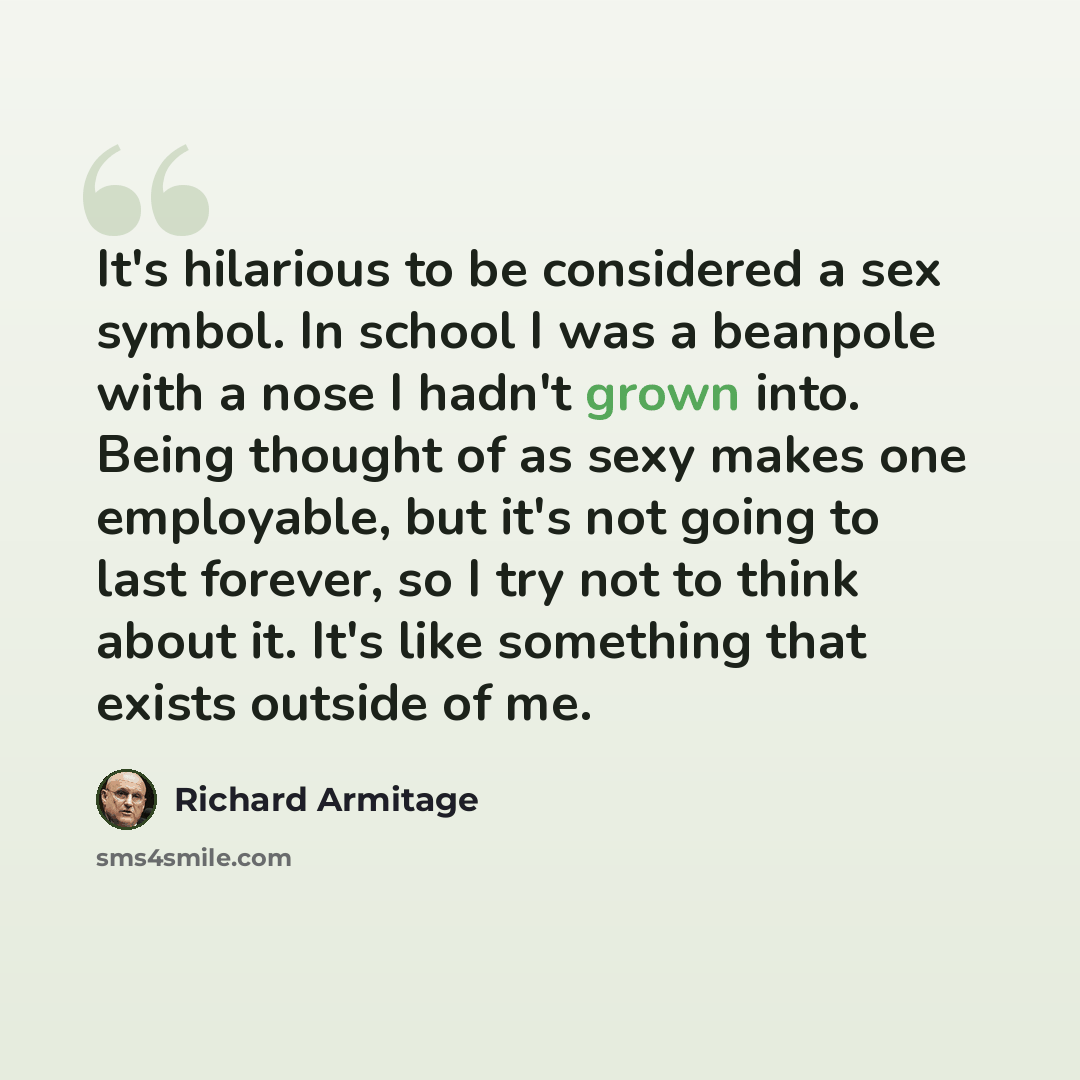 “It's hilarious to be considered a sex symbol. In school I was a beanpole with a nose I hadn't grown into. Being thought of as sexy makes one employable, but it's not going to last forever, so I try not to think about it. It's like something that exists outside of me.” quote by Richard Armitage