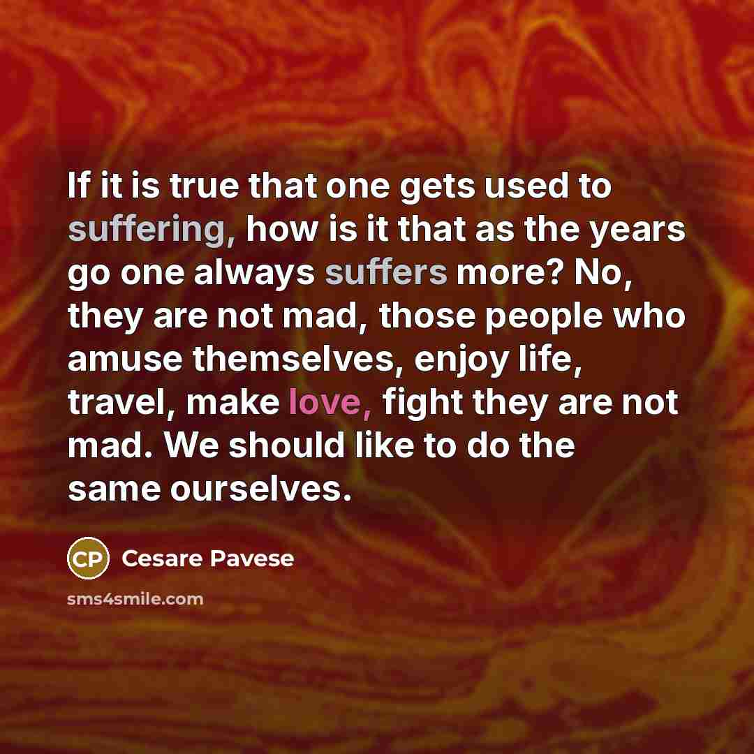 “If it is true that one gets used to suffering, how is it that as the years go one always suffers more? No, they are not mad, those people who amuse themselves, enjoy life, travel, make love, fight they are not mad. We should like to do the same ourselves.” quote by Cesare Pavese