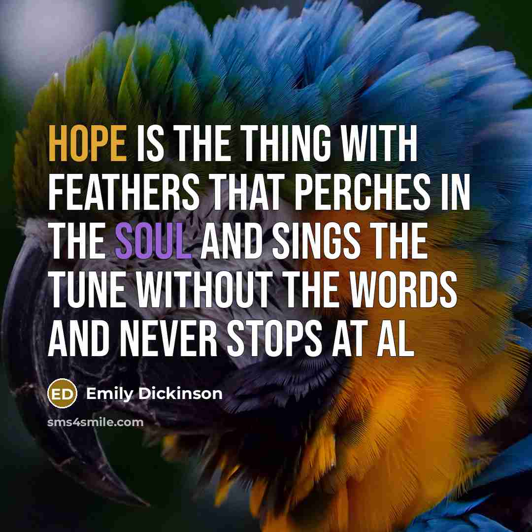 “Hope is the thing with feathers That perches in the soul And sings the tune without the words And never stops at al” quote by Emily Dickinson