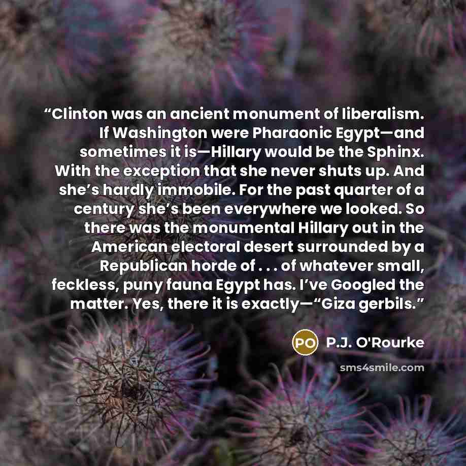 “Clinton was an ancient monument of liberalism. If Washington were Pharaonic Egypt—and sometimes it is—Hillary would be the Sphinx. With the exception that she never shuts up. And she’s hardly immobile. For the past quarter of a century she’s been everywhere we looked. So there was the monumental…” quote by P.J. O'Rourke