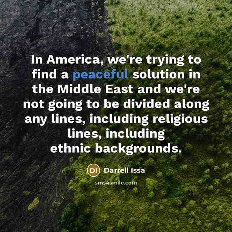 “In America, we're trying to find a peaceful solution in the Middle East and we're not going to be divided along any lines, including religious lines, including ethnic backgrounds.” quote by Darrell Issa