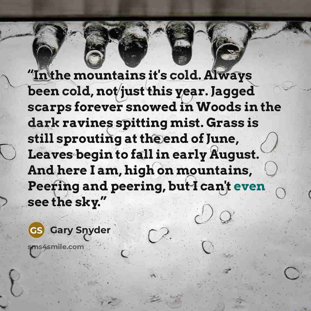 “In the mountains it's cold. Always been cold, not just this year. Jagged scarps forever snowed in Woods in the dark ravines spitting mist. Grass is still sprouting at the end of June, Leaves begin to fall in early August. And here I am, high on mountains, Peering and peering, but I can't even see…” quote by Gary Snyder