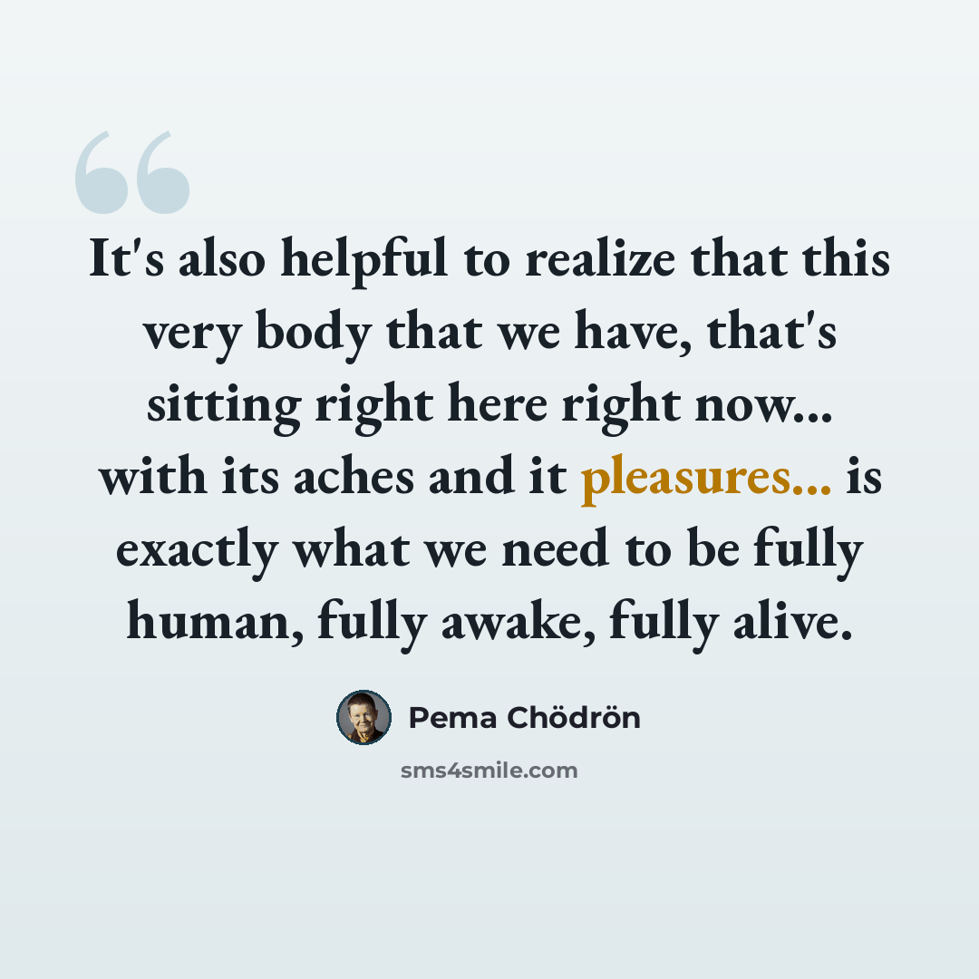“It's also helpful to realize that this very body that we have, that's sitting right here right now... with its aches and it pleasures... is exactly what we need to be fully human, fully awake, fully alive.” quote by Pema Chodron