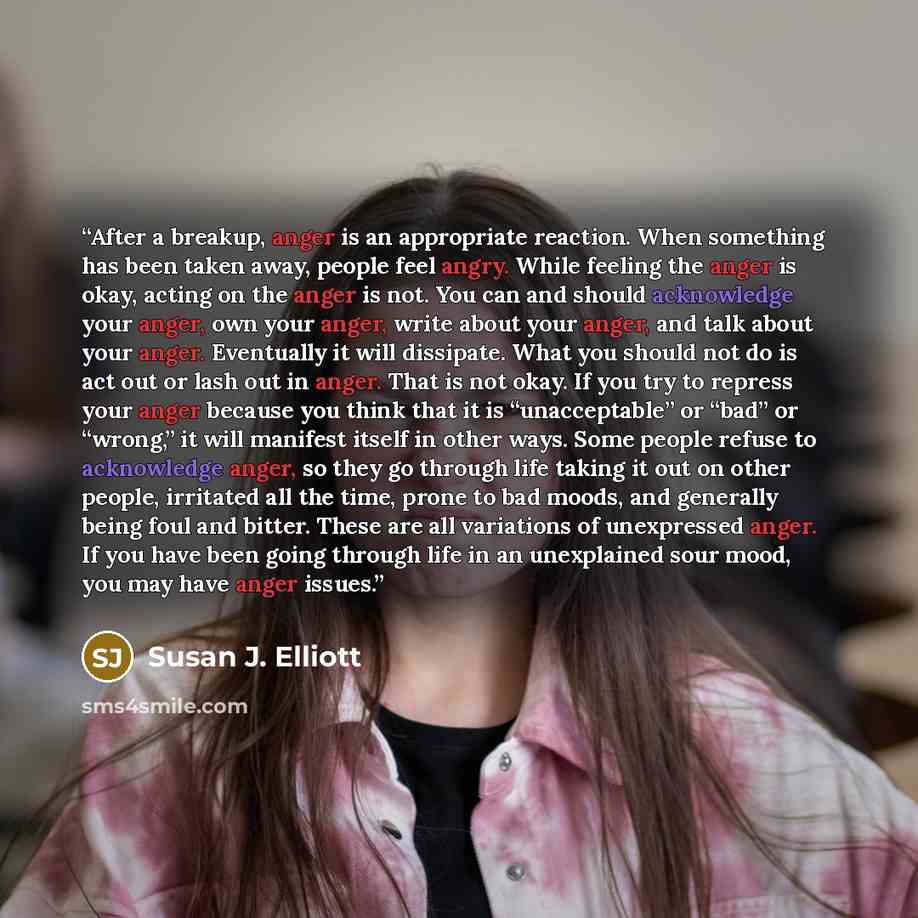 “After a breakup, anger is an appropriate reaction. When something has been taken away, people feel angry. While feeling the anger is okay, acting on the anger is not. You can and should acknowledge your anger, own your anger, write about your anger, and talk about your anger. Eventually it will…” quote by Susan J. Elliott