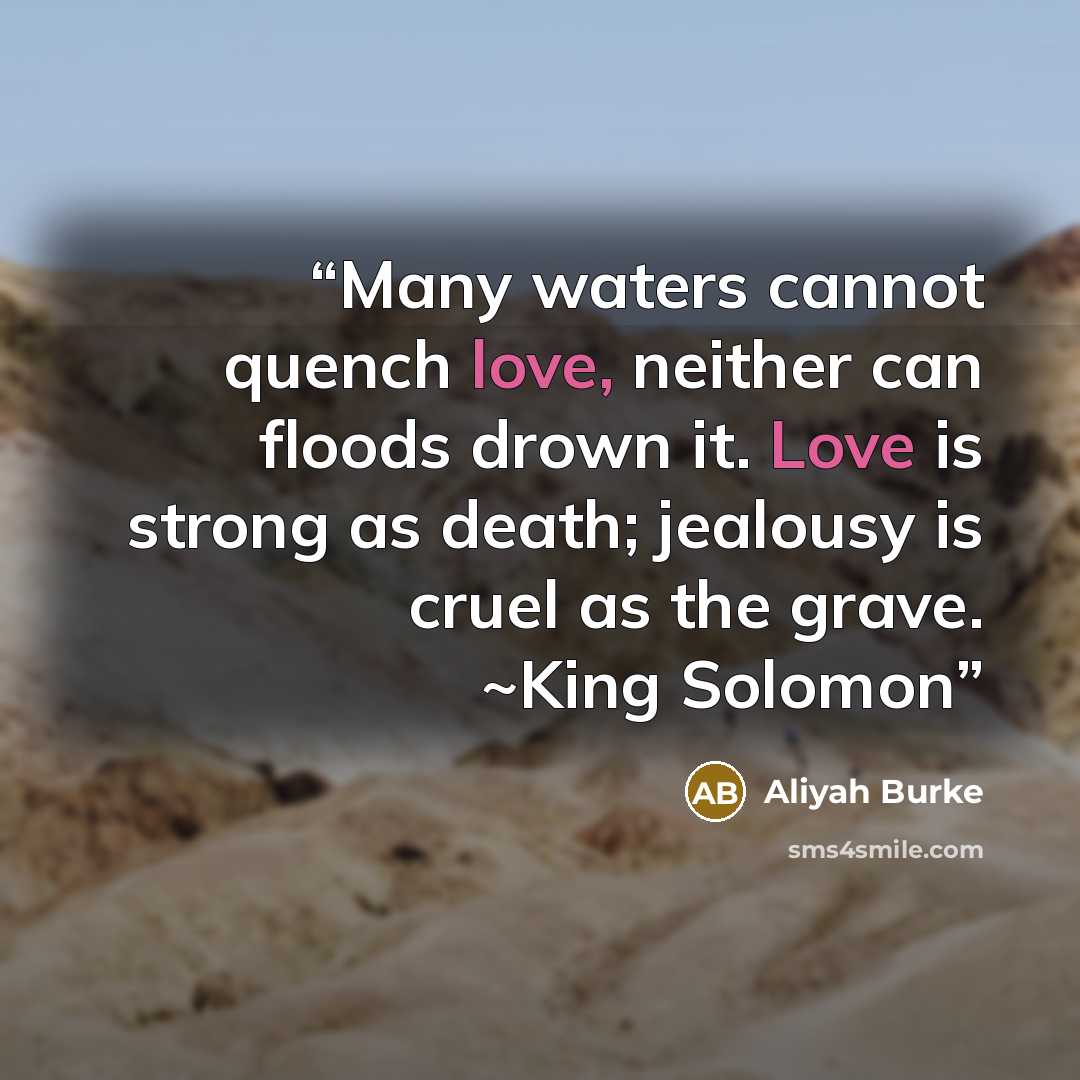 “Many waters cannot quench love, neither can floods drown it. Love is strong as death; jealousy is cruel as the grave. ~King Solomon” quote by Aliyah Burke