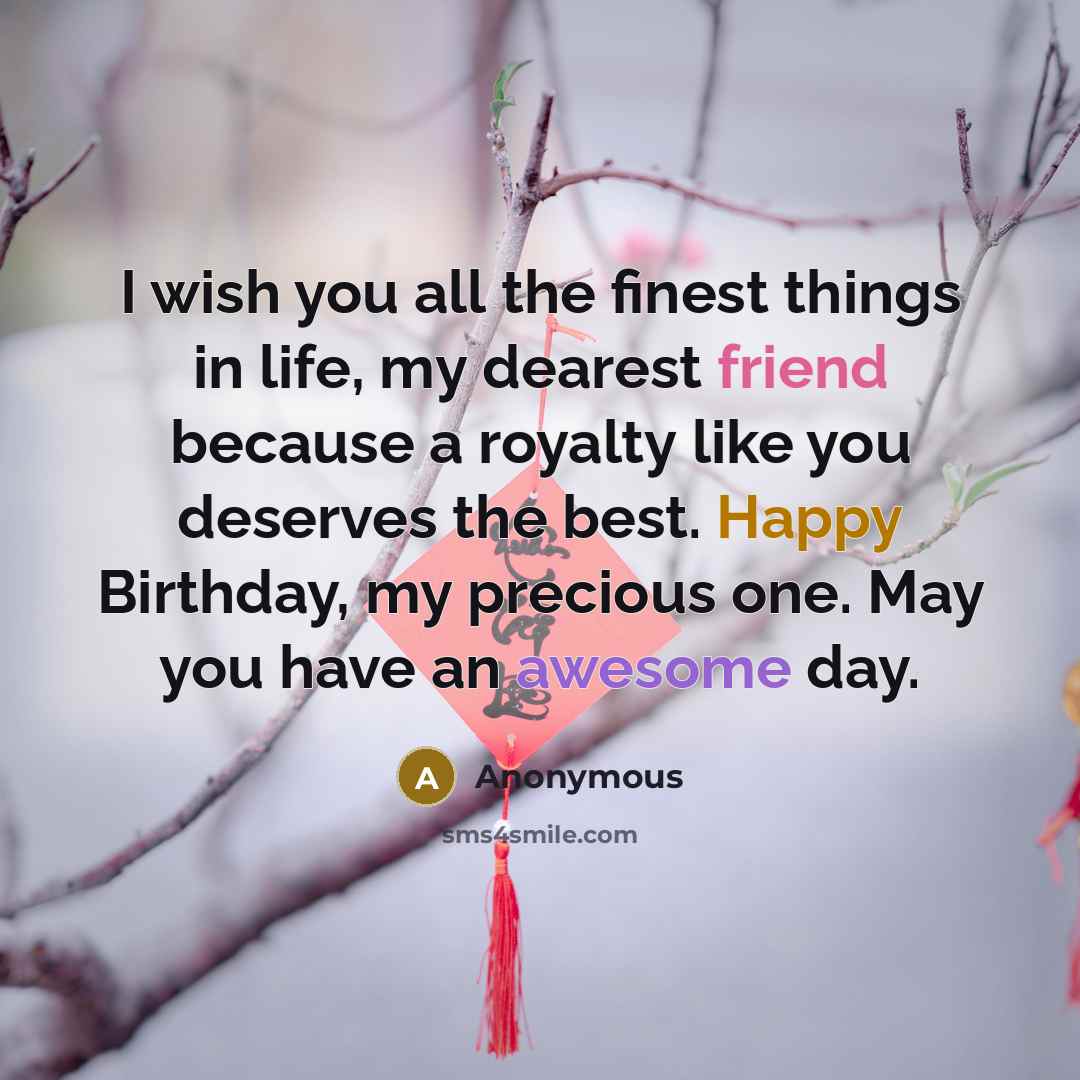 “I wish you all the finest things in life, my dearest friend because a royalty like you deserves the best. Happy Birthday, my precious one. May you have an awesome day.” quote by Anonymous