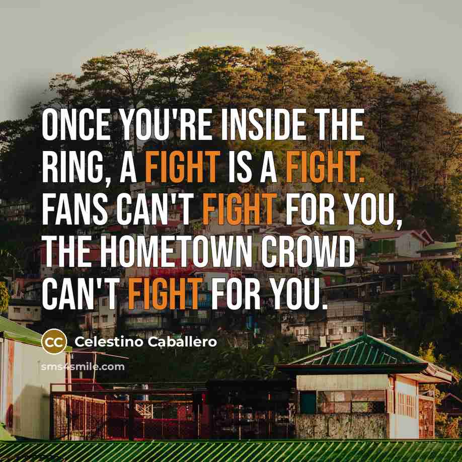 “Once you're inside the ring, a fight is a fight. Fans can't fight for you, the hometown crowd can't fight for you.” quote by Celestino Caballero