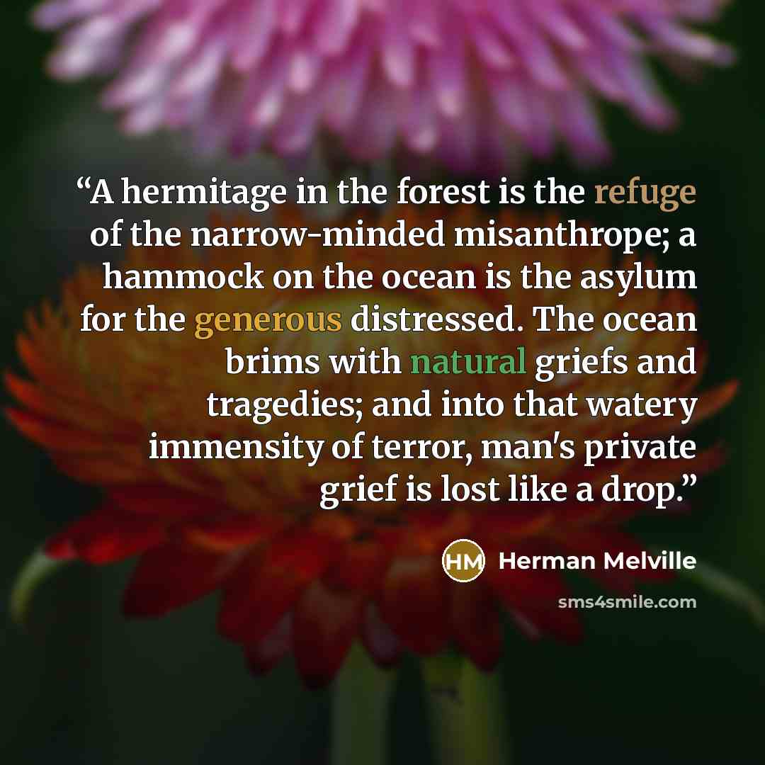 “A hermitage in the forest is the refuge of the narrow-minded misanthrope; a hammock on the ocean is the asylum for the generous distressed. The ocean brims with natural griefs and tragedies; and into that watery immensity of terror, man's private grief is lost like a drop.” quote by Herman Melville