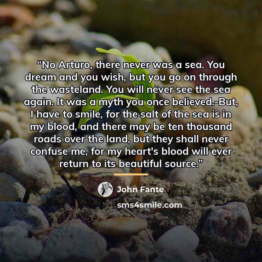 “No Arturo, there never was a sea. You dream and you wish, but you go on through the wasteland. You will never see the sea again. It was a myth you once believed.-But, I have to smile, for the salt of the sea is in my blood, and there may be ten thousand roads over the land, but they shall never…” quote by John Fante