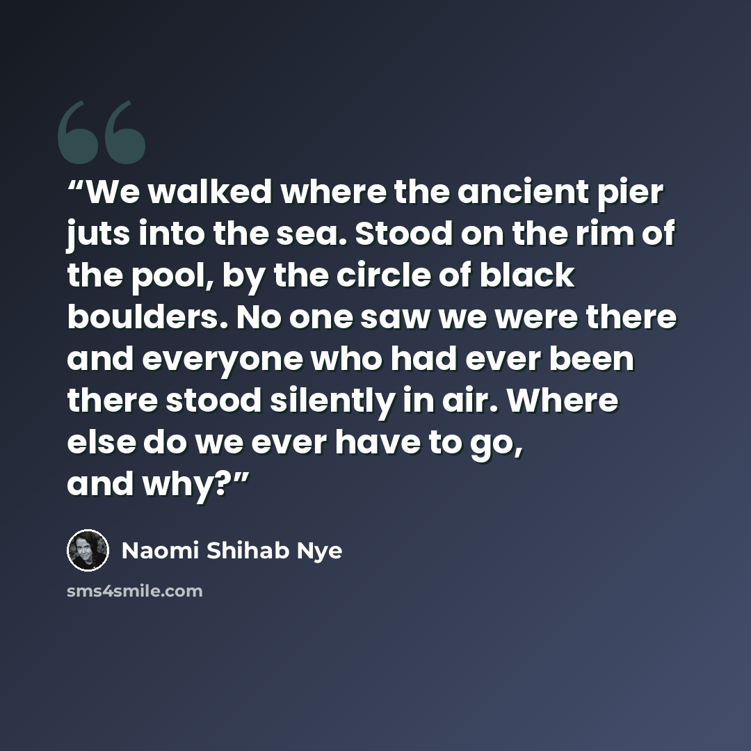“We walked where the ancient pier juts into the sea. Stood on the rim of the pool, by the circle of black boulders. No one saw we were there and everyone who had ever been there stood silently in air. Where else do we ever have to go, and why?” quote by Naomi Shihab Nye