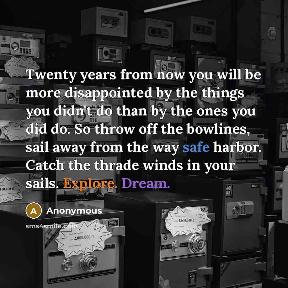 “Twenty years from now you will be more disappointed by the things you didn't do than by the ones you did do. So throw off the bowlines, sail away from the way safe harbor. Catch the thrade winds in your sails. Explore. Dream.” quote by Anonymous